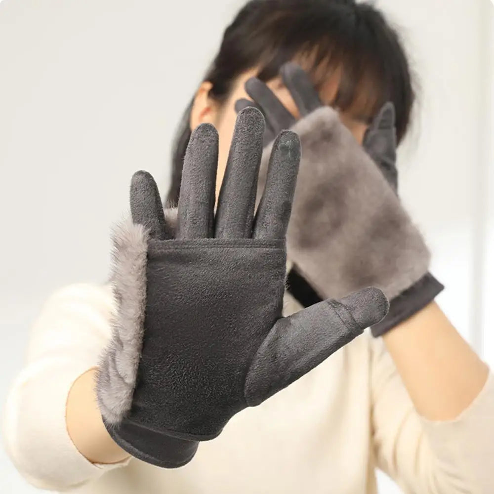 Suede Rabbit Fur Winter Gloves: Touch Screen Compatible