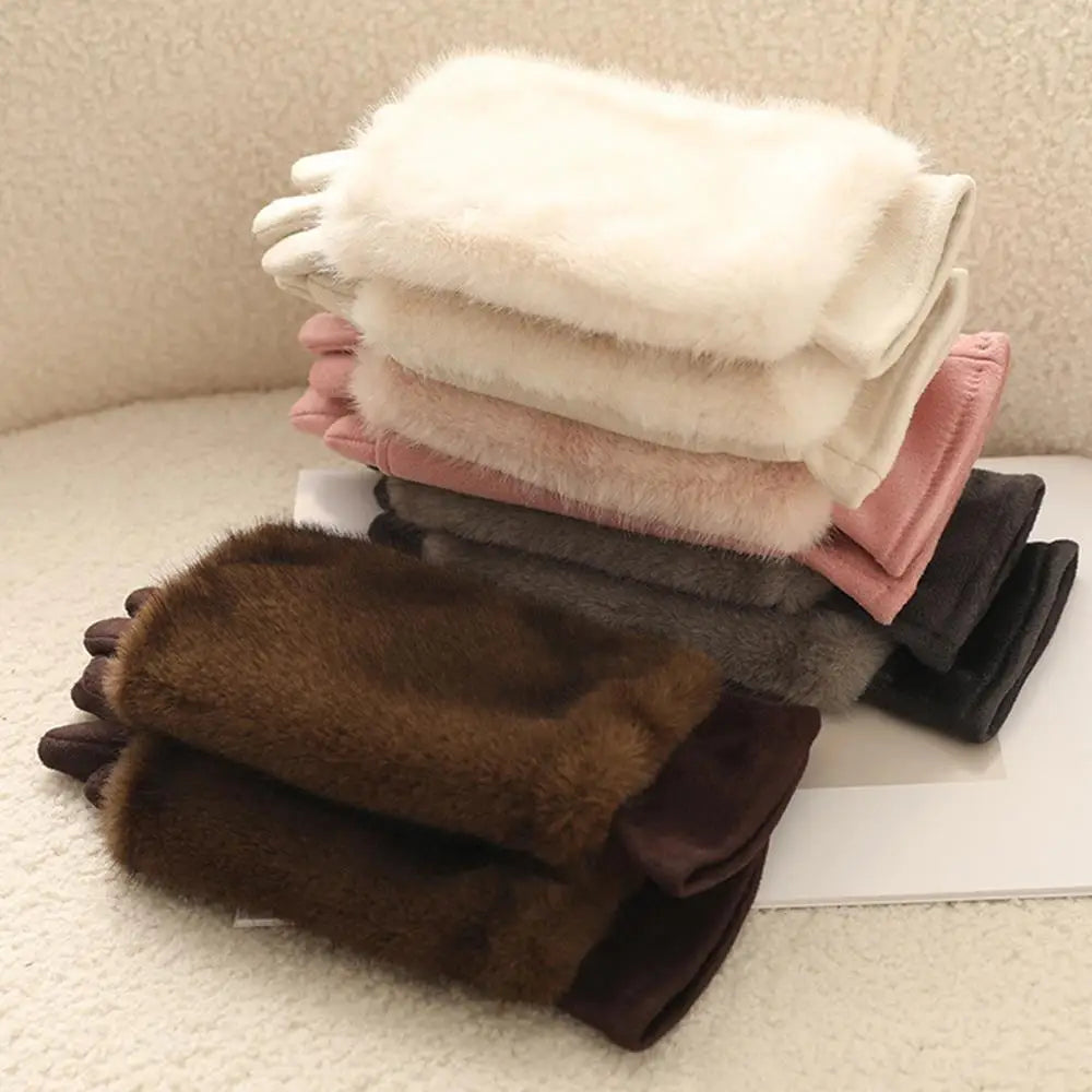 Suede Rabbit Fur Winter Gloves: Touch Screen Compatible