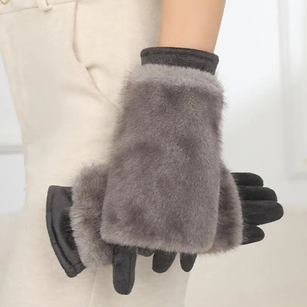 Suede Rabbit Fur Winter Gloves: Touch Screen Compatible