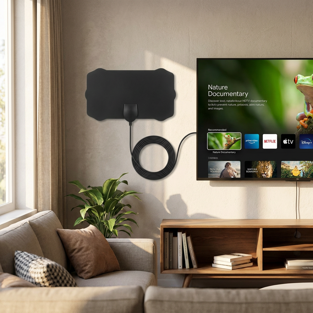 Indoor Satellite HDTV Antenna in use, lifestyle setting