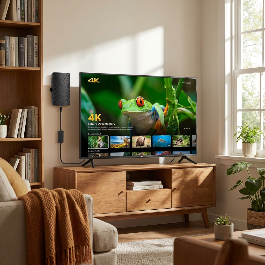 Long Range Indoor HDTV 4K Digital Antenna in use, lifestyle setting