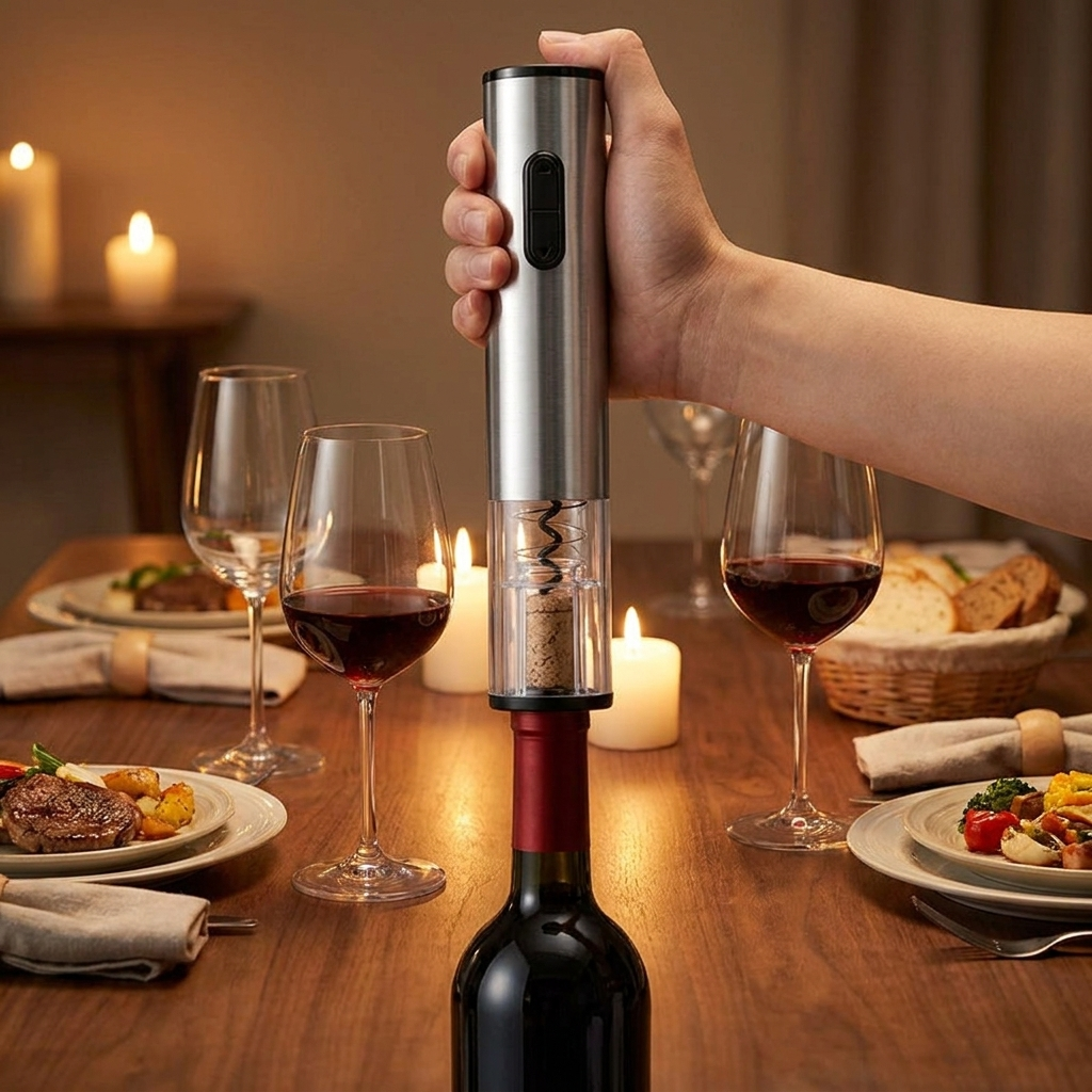 Rechargeable Electric Wine Bottle Opener in use, lifestyle setting