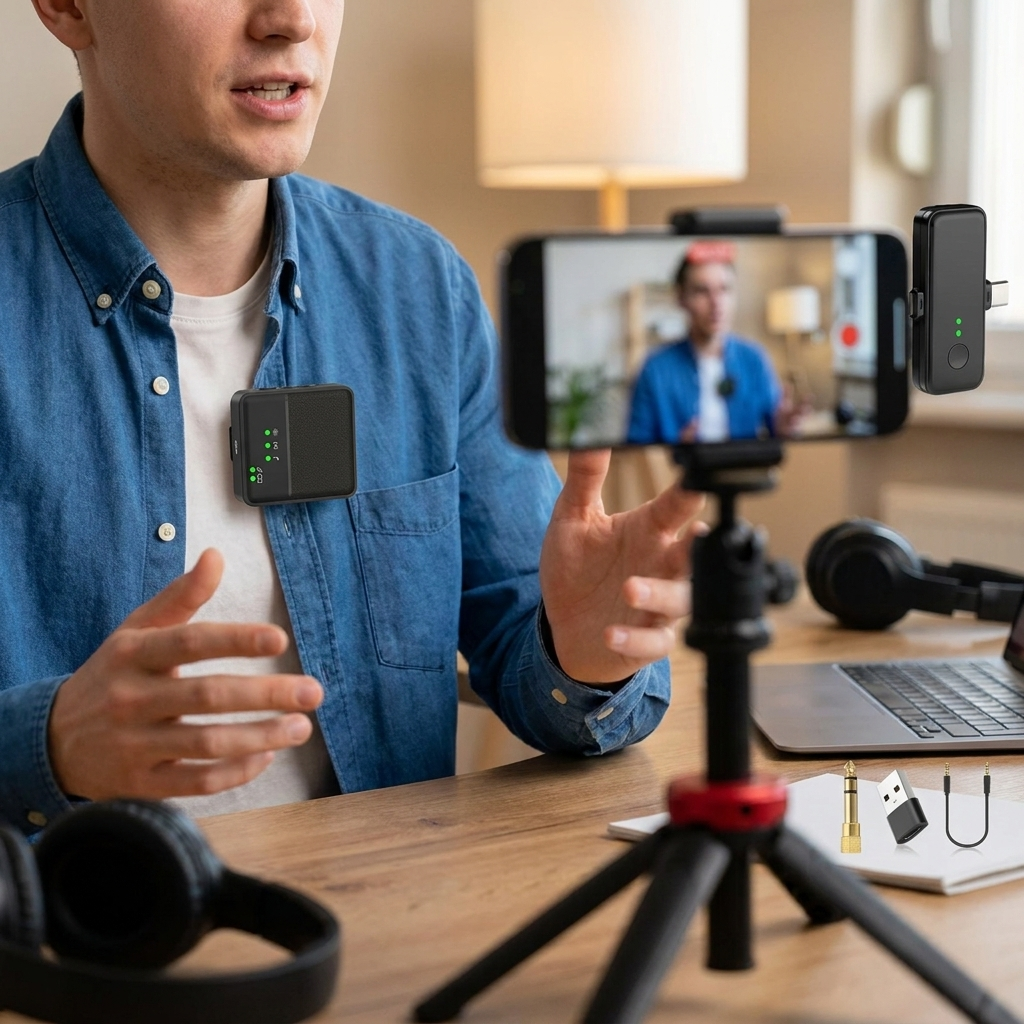 Wireless Bluetooth Lavalier Lapel Microphone in use, lifestyle setting