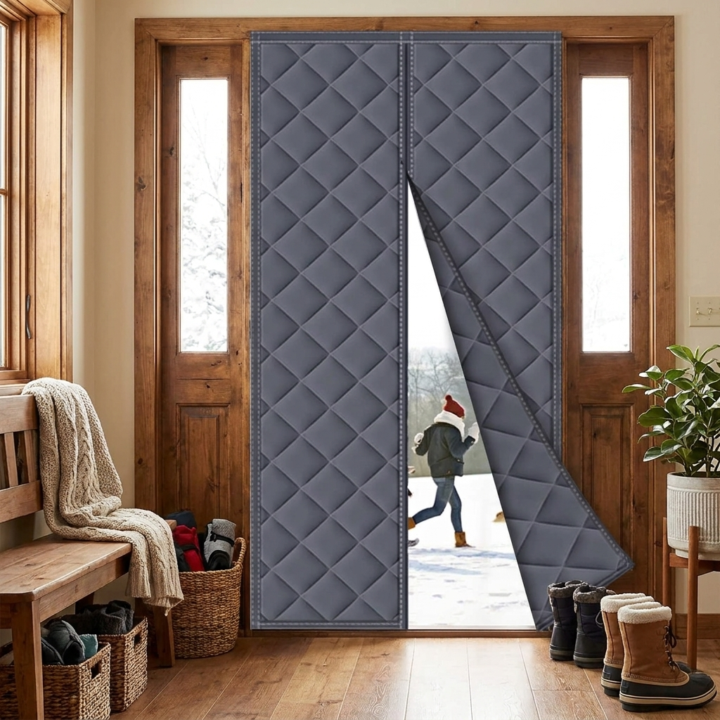 Magnetic Thermal Winter Block Door Insulation Curtain in use, lifestyle setting