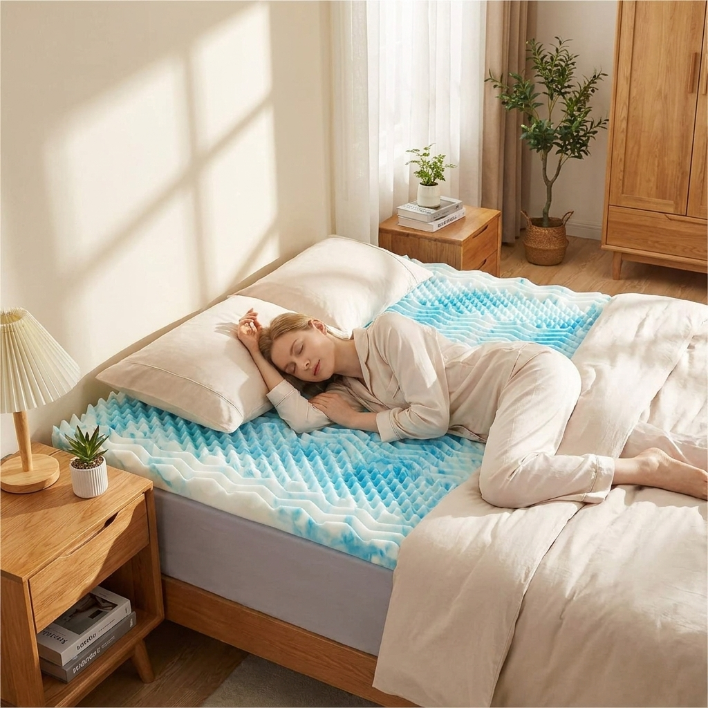 Premium Cooling Egg Crate Foam Mattress Topper in use, lifestyle setting