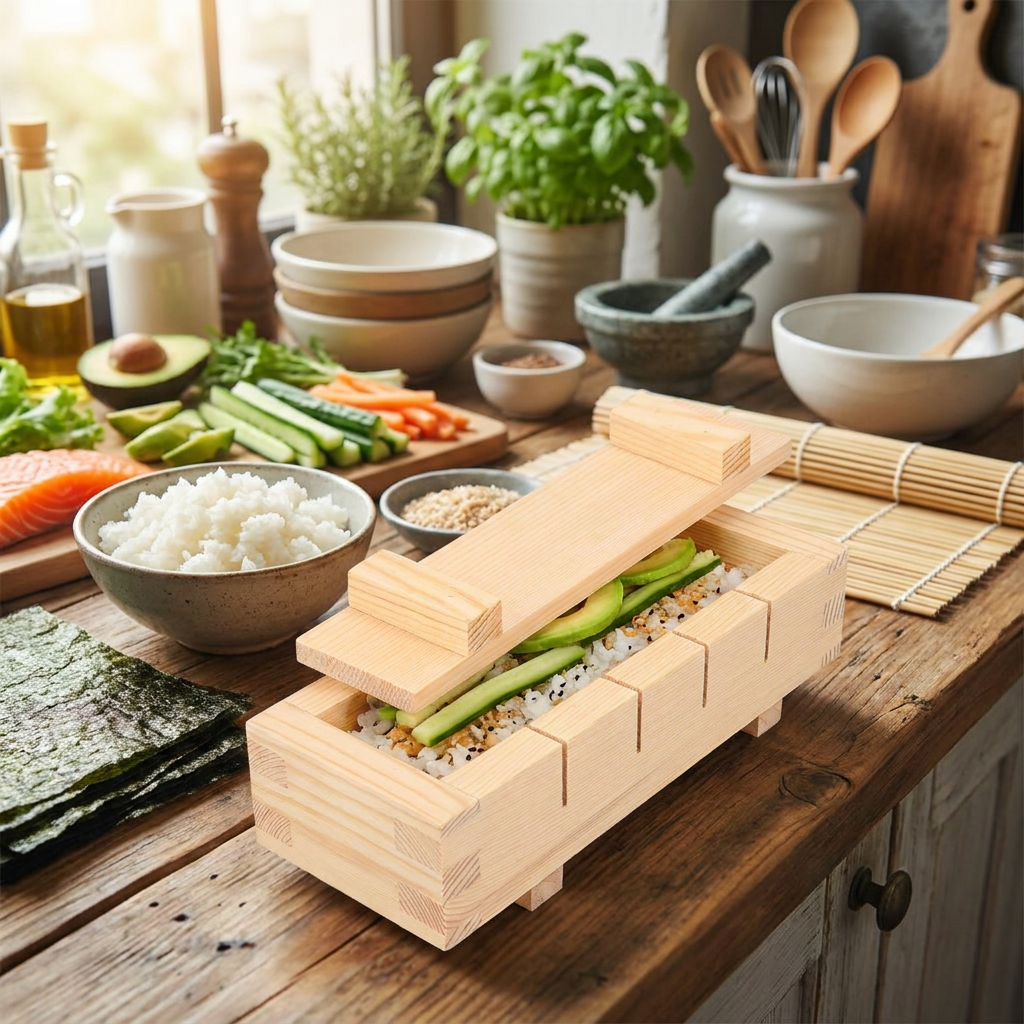 Handcrafted Wooden Sushi Maker Press Mold in use, lifestyle setting
