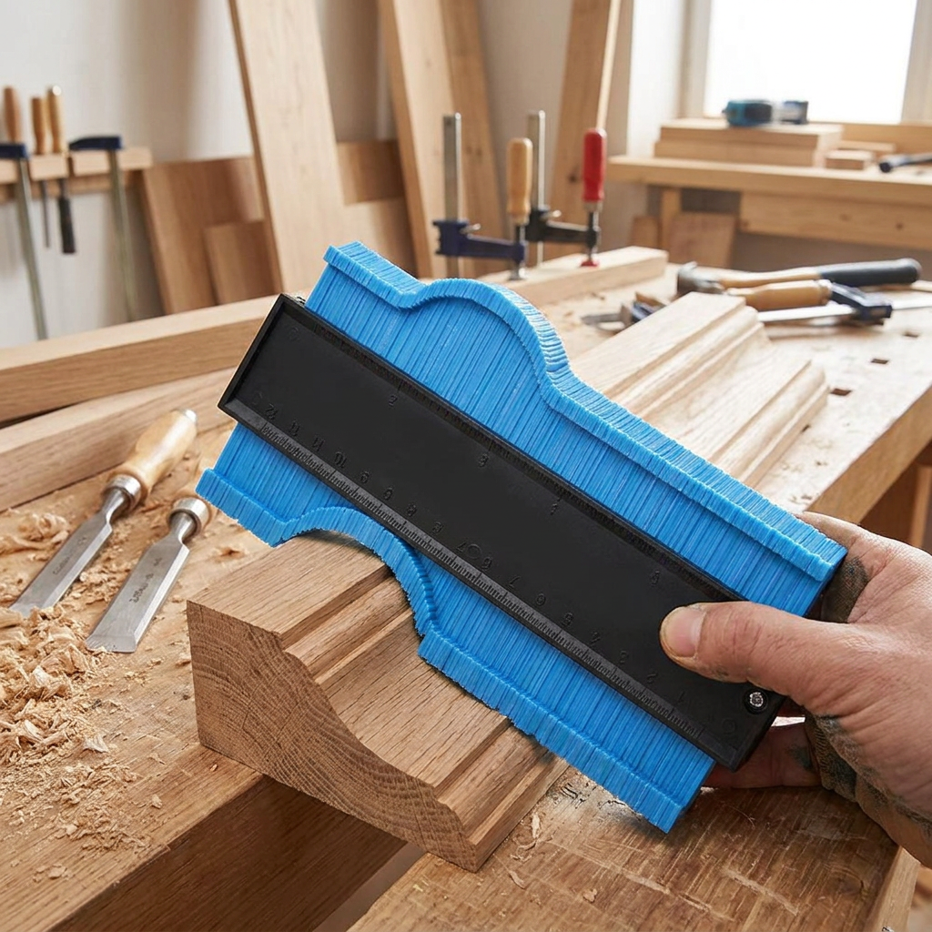 Precision Woodworking and Construction Contour Gauge in use, lifestyle setting