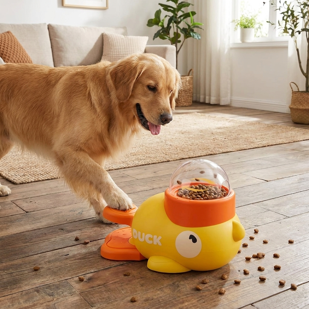 Interactive Cartoon Duck Dog Puzzle Feeder in use, lifestyle setting