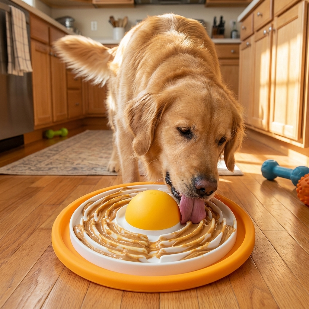 Slow Feeder Cat and Dog Lick Mat in use, lifestyle setting