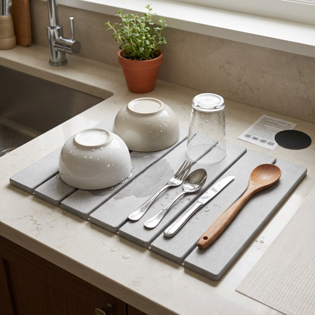 Foldable Diatomite Stone Dish Drying Mat in use, lifestyle setting