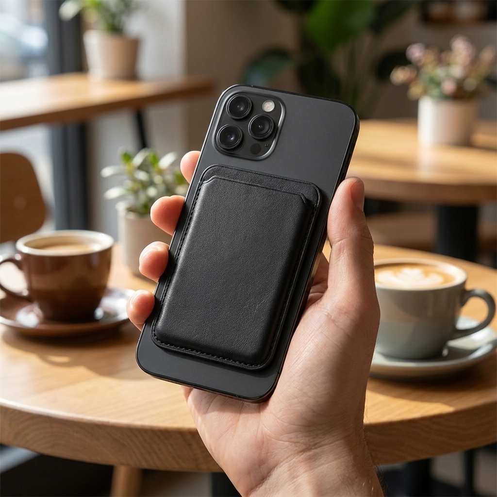 Magnetic Leather Card Holder Wallet for iPhone in use, lifestyle setting