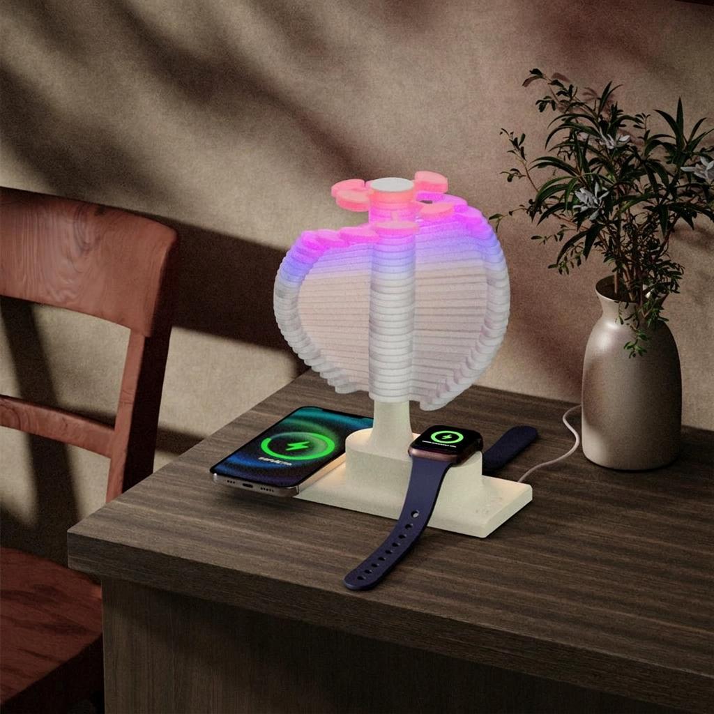 Spiral Tree Table Lamp with Integrated Wireless Charger in use, lifestyle setting