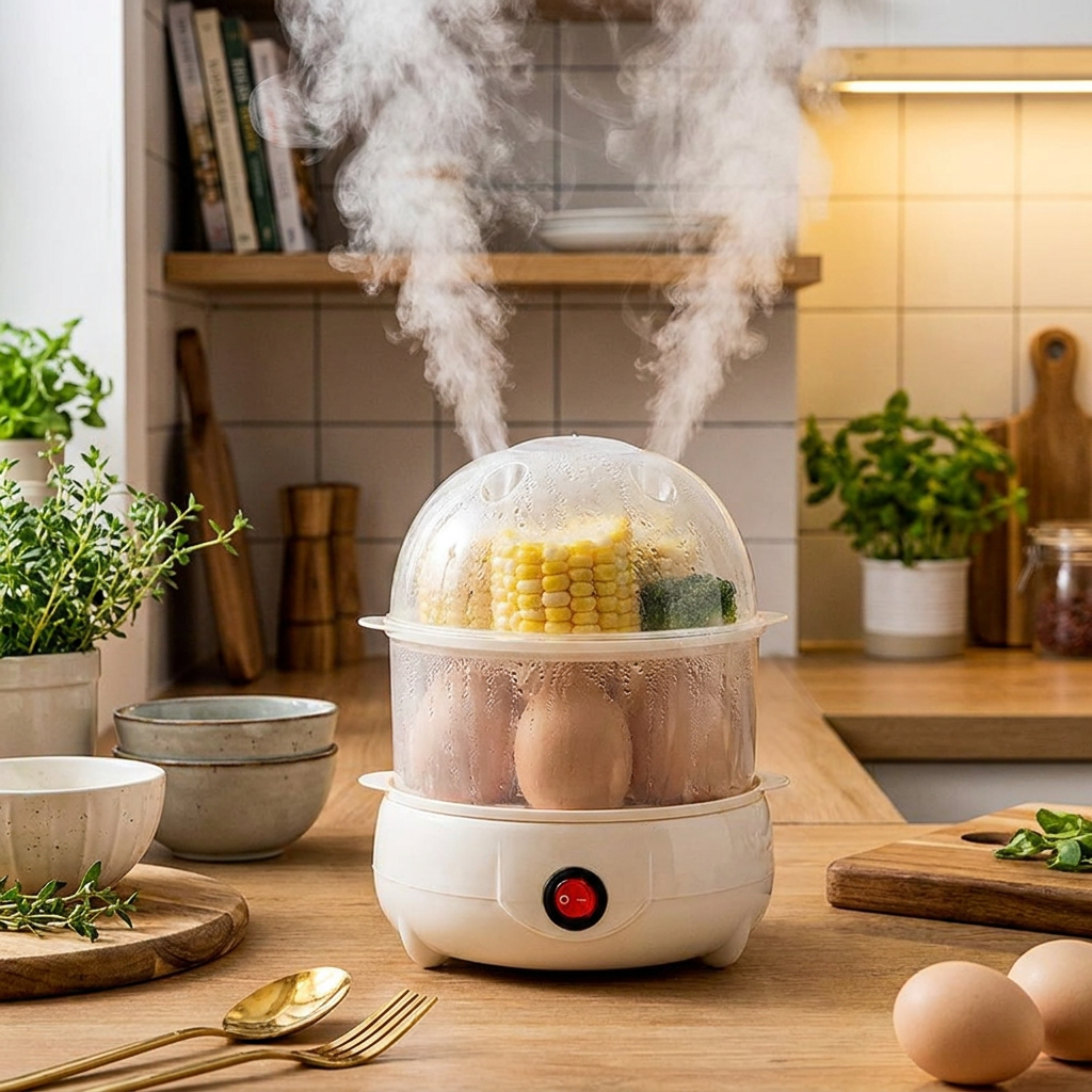 Double Layer Multifunctional Electric Egg Cooker in use, lifestyle setting