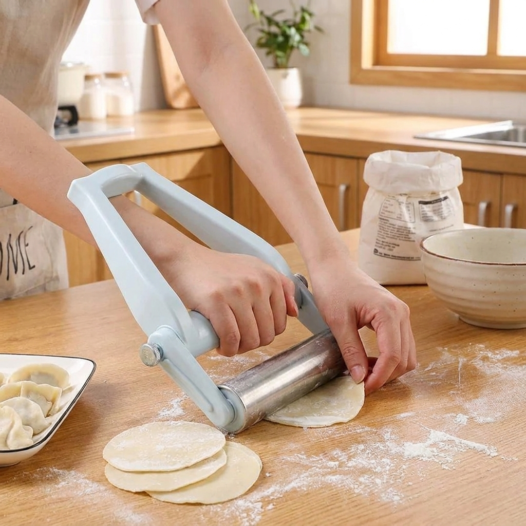 Stainless Steel Adjustable Handheld Rolling Pin in use, lifestyle setting