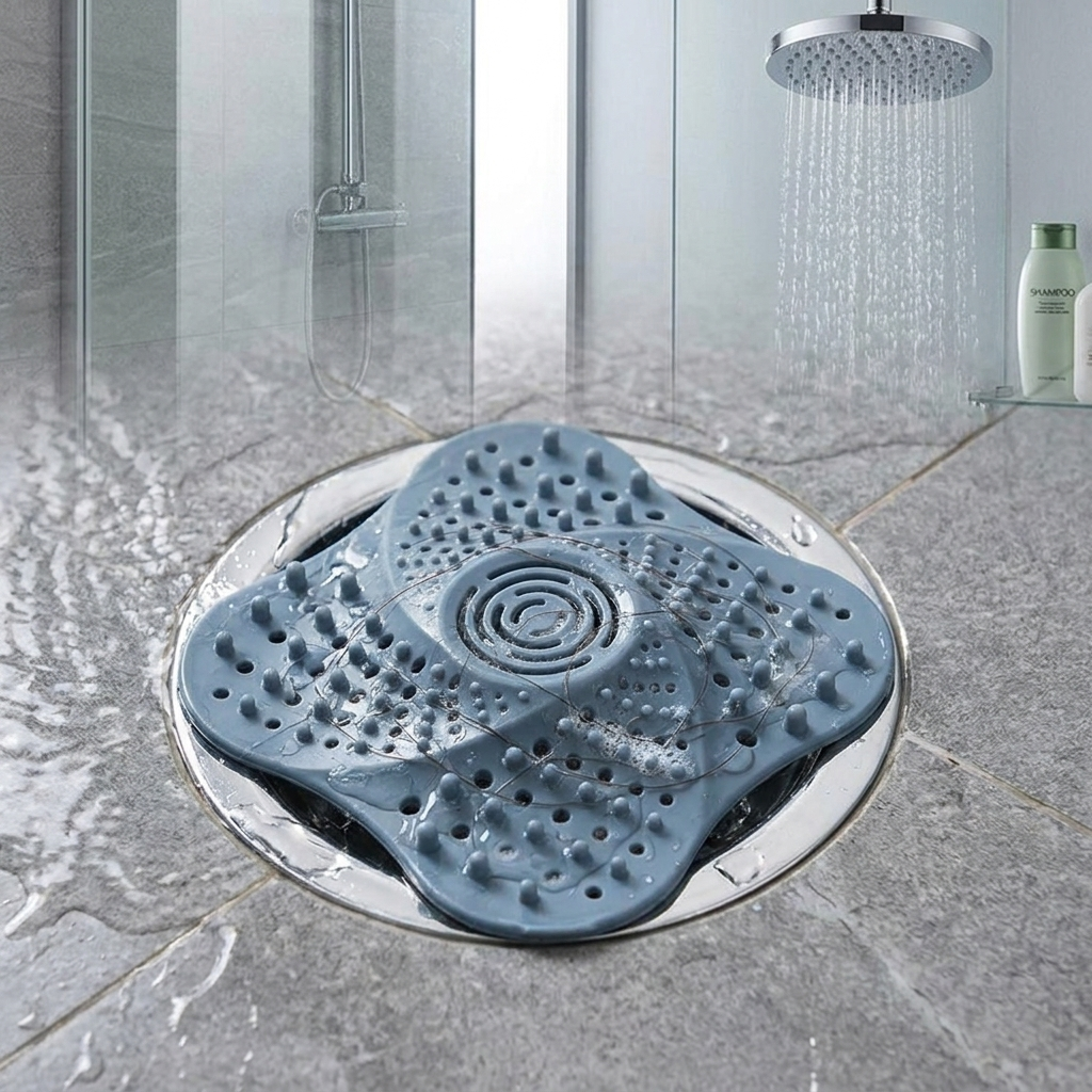 Anti Blocking Spiral Shower Drain Hair Catcher in use, lifestyle setting