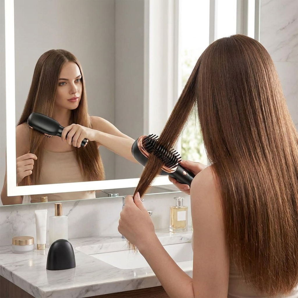 Wireless 2 in 1 Portable Ceramic Hair Straightener in use, lifestyle setting