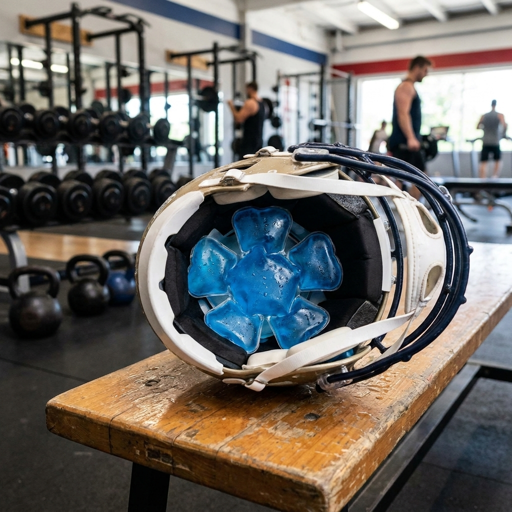 Ice Gel Pack Cooler for Hats and Helmets in use, lifestyle setting
