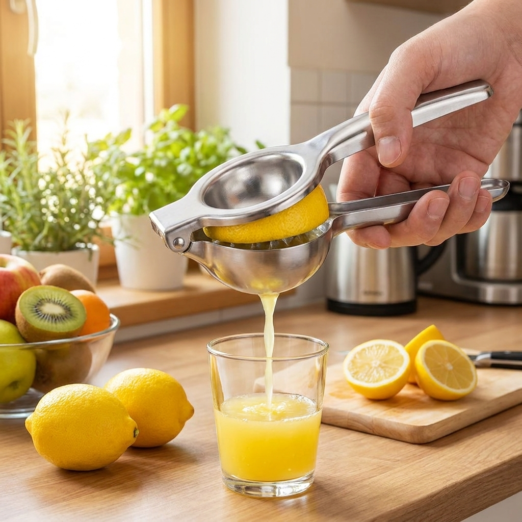 Stainless Steel Manual Lemon Juicer in use, lifestyle setting