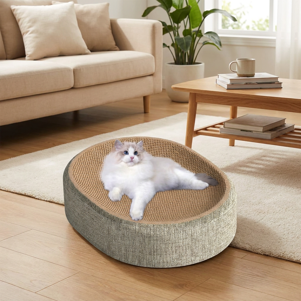 Oval Sisal 2 in 1 Cat Scratcher Bed in use, lifestyle setting