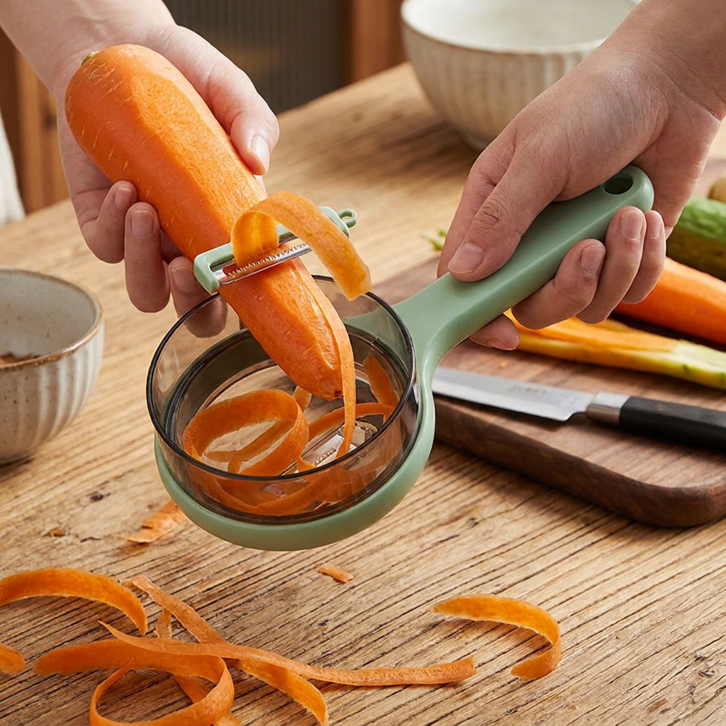 Ergonomic Storage Vegetable Peeler with Non Slip Grip in use, lifestyle setting