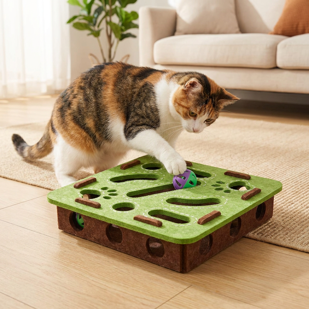 Felt Interactive Cat Puzzle Toy Box in use, lifestyle setting