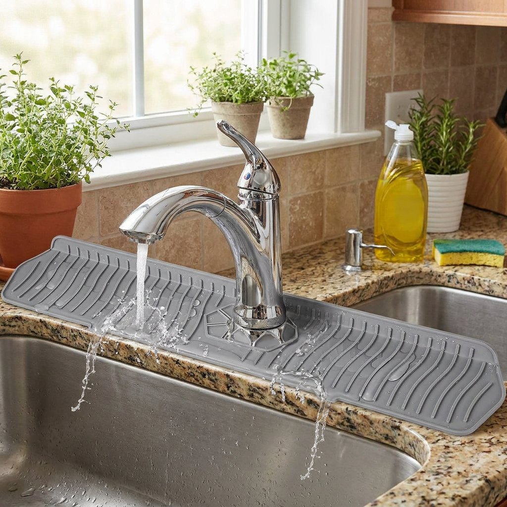 Silicone Kitchen Sink Splash Guard in use, lifestyle setting