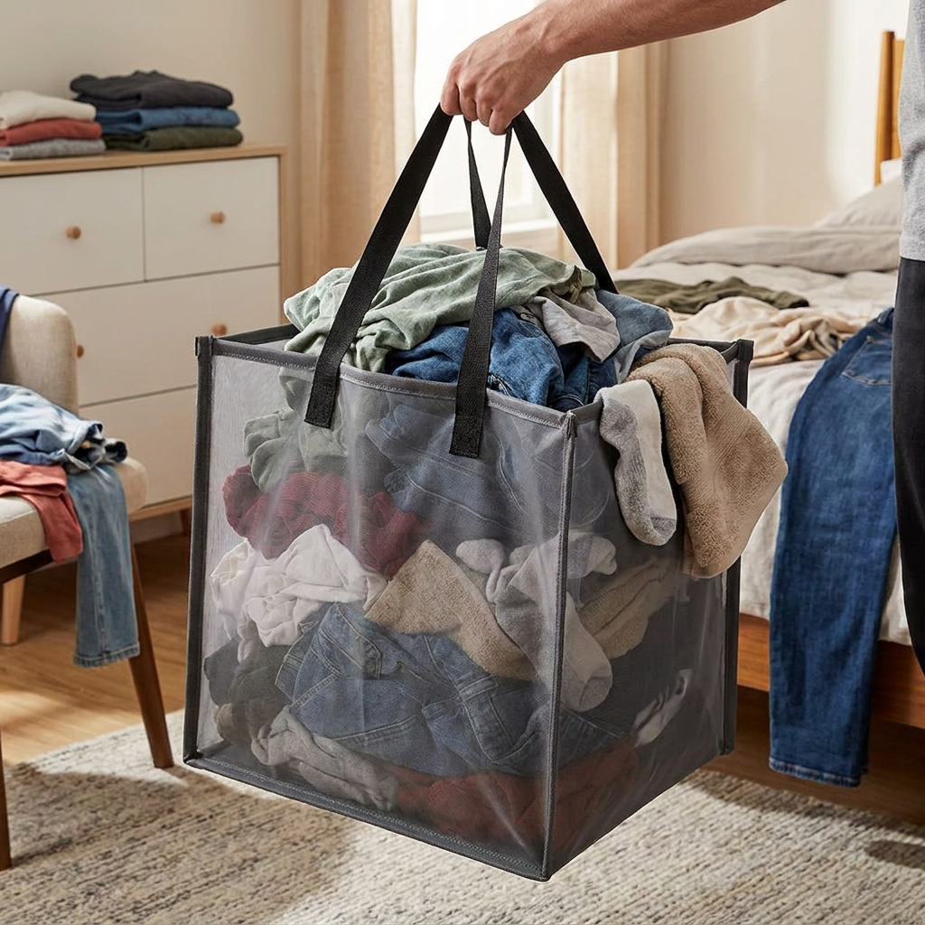 Foldable Mesh Laundry Hamper with Handles in use, lifestyle setting