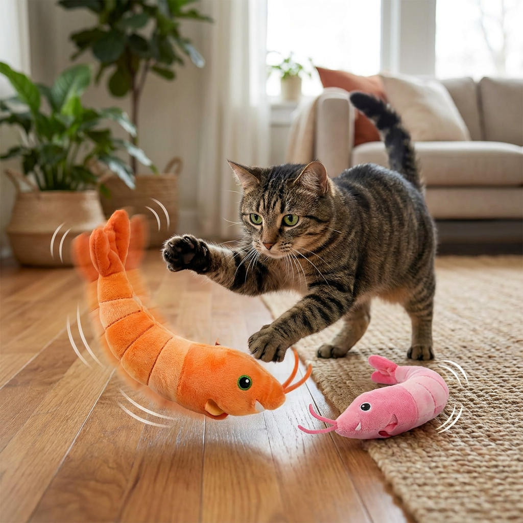 Electric Jumping Shrimp Pet Toy in use, lifestyle setting