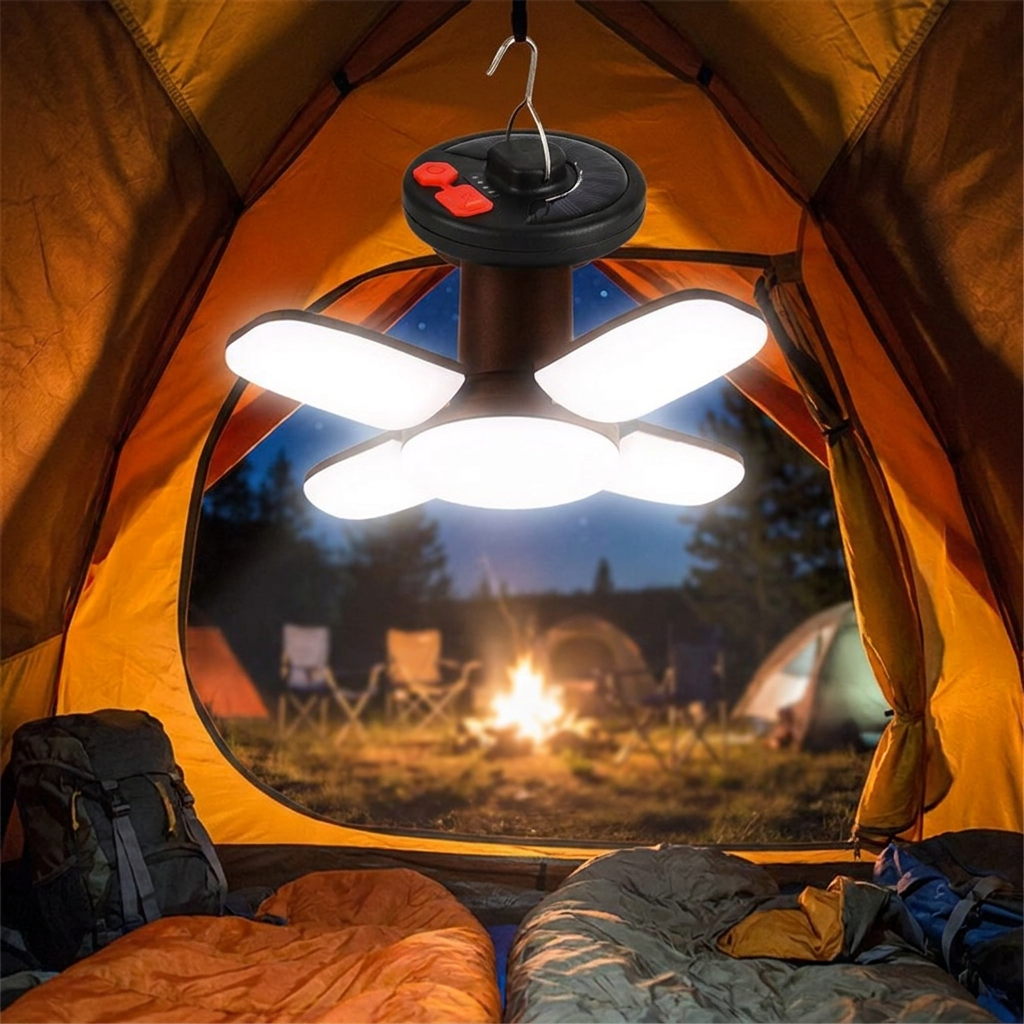 Solar USB Folding Leaf Camping Lantern in use, lifestyle setting