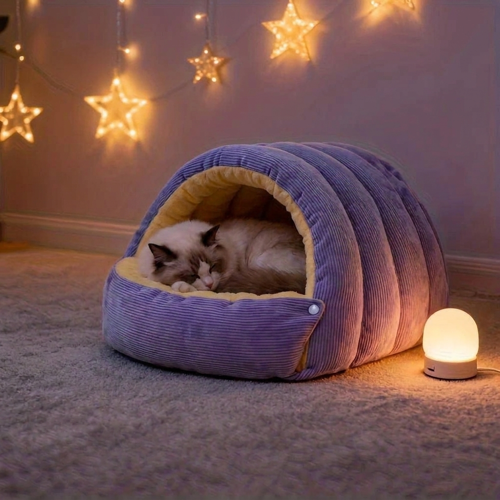 Warm Arctic Fleece Enclosed Cat Cave Bed in use, lifestyle setting