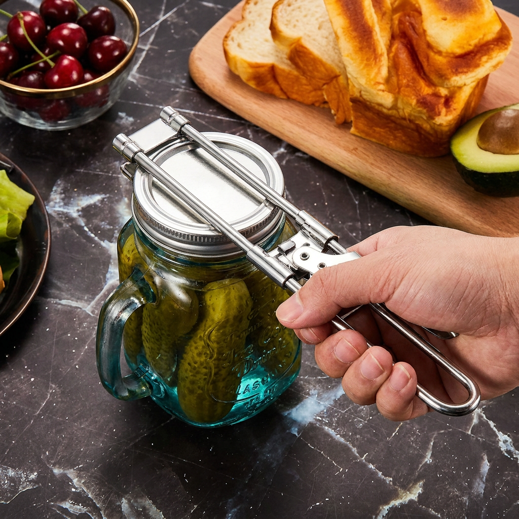 Adjustable Stainless Steel Multi Function Jar Opener in use, lifestyle setting