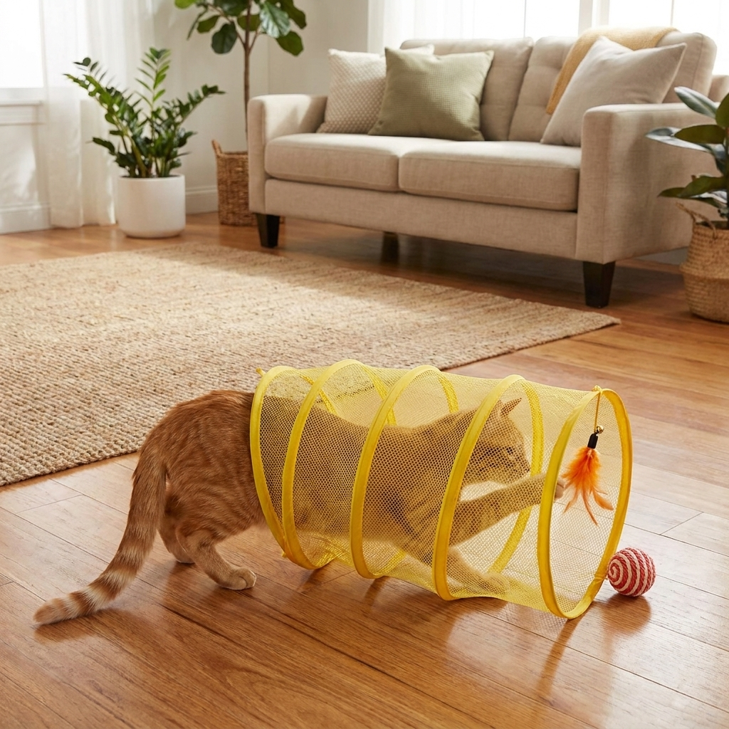 Collapsible Cat Tunnel in use, lifestyle setting