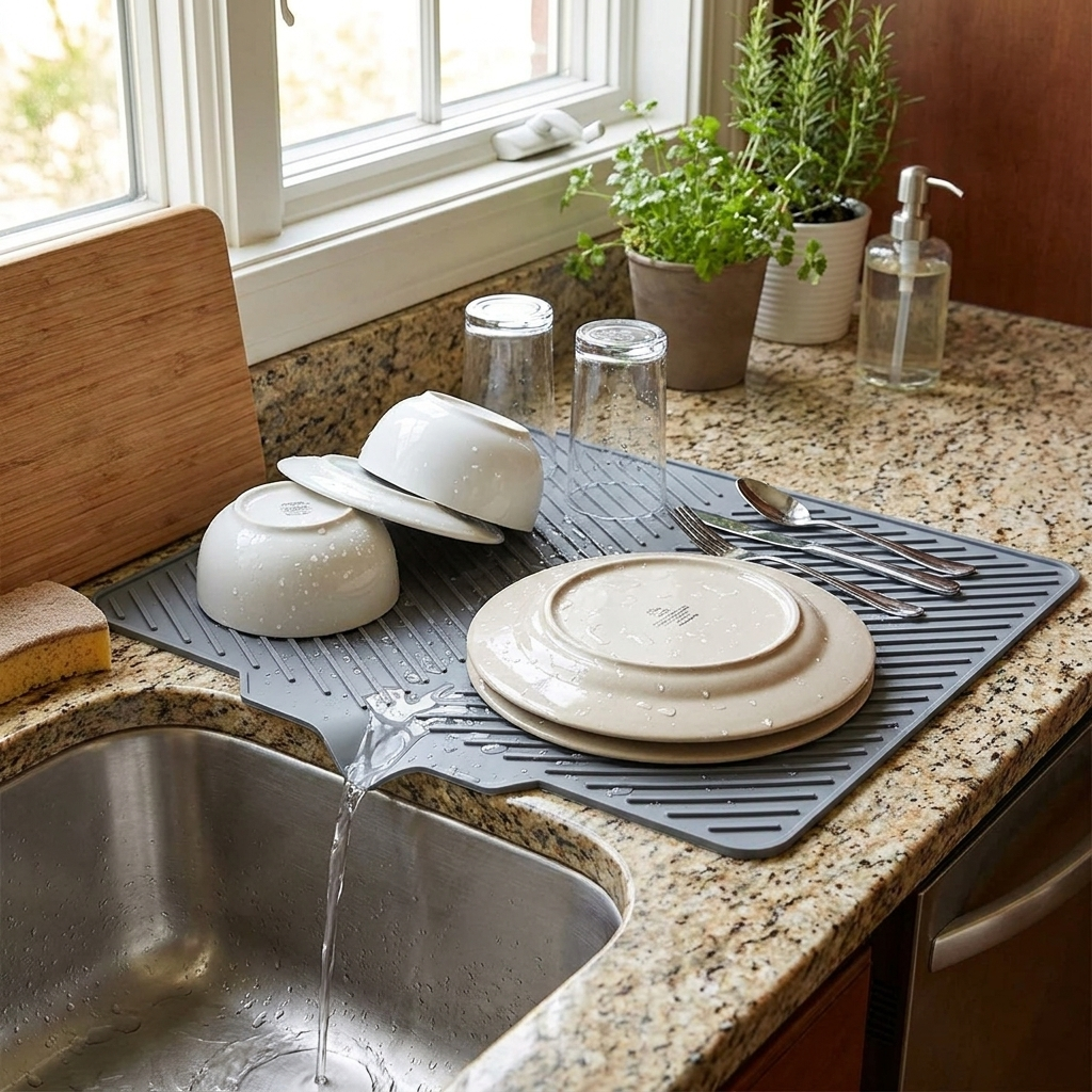 Silicone Countertop Dish Drying Mat in use, lifestyle setting