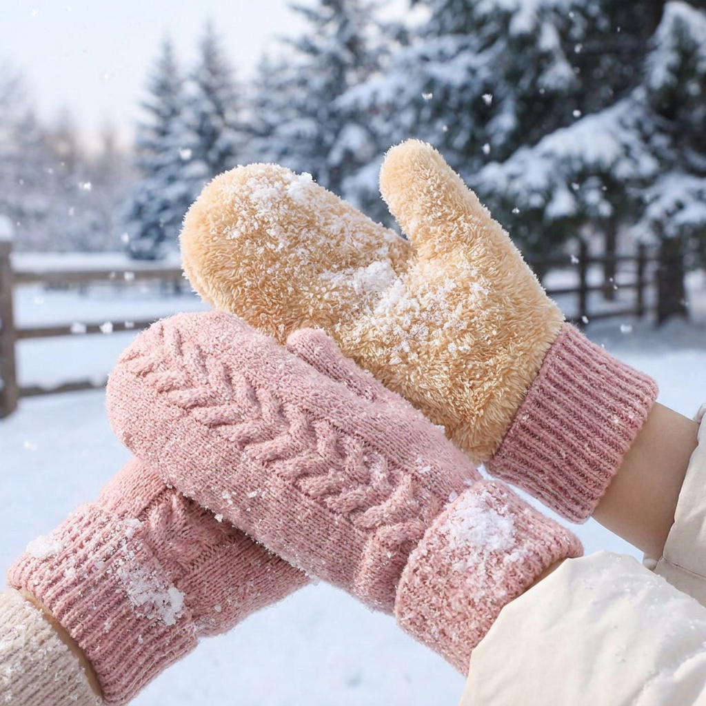 Fleece Lined Winter Mittens in use, lifestyle setting