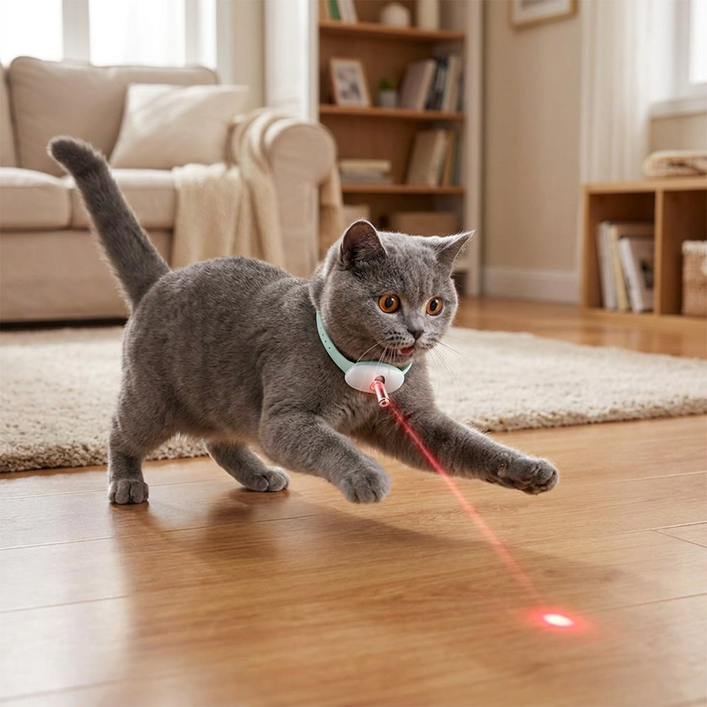 Interactive Laser Cat Collar with USB Charging in use, lifestyle setting