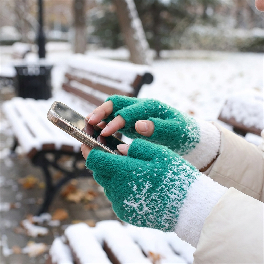 Fleece Lined Fingerless Gloves in use, lifestyle setting