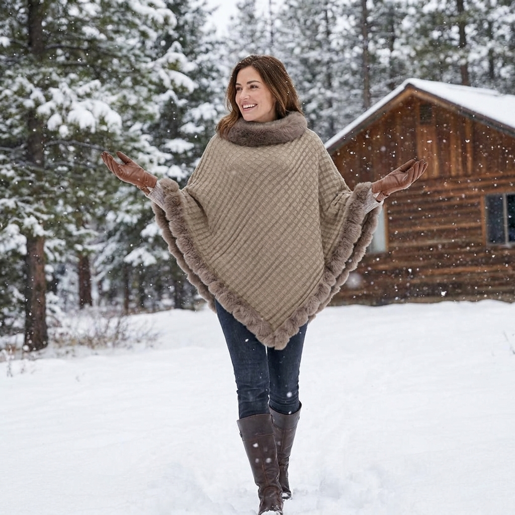 Faux Fur Shawl Cloak for Women in use, lifestyle setting