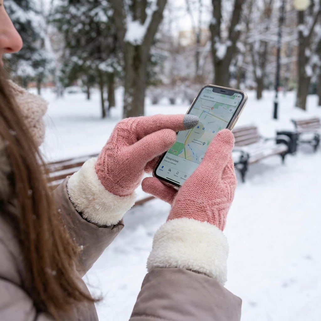 Plush Lined Touch Screen Knitted Gloves in use, lifestyle setting