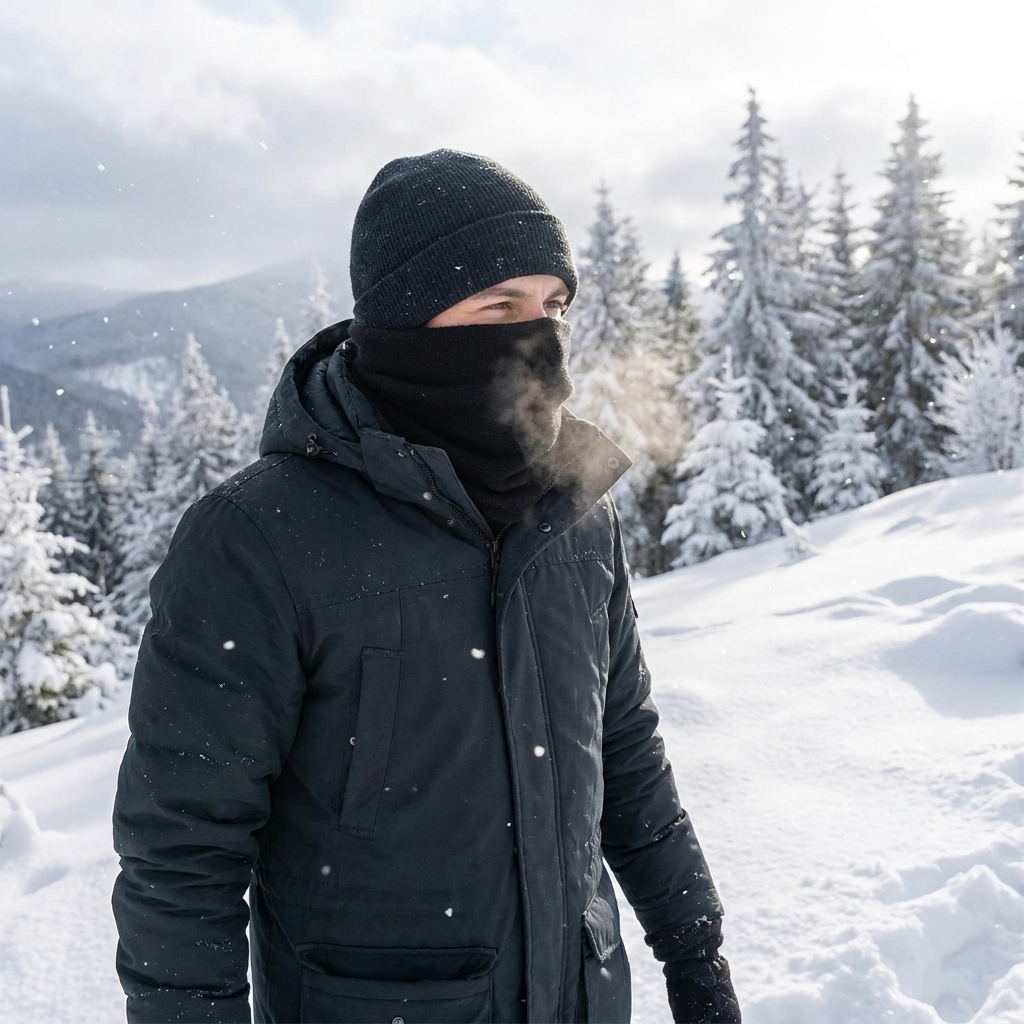 Merino Wool Face Mask and Winter Scarf in use, lifestyle setting