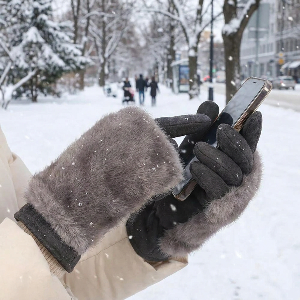 Suede Rabbit Fur Touch Screen Winter Gloves in use, lifestyle setting