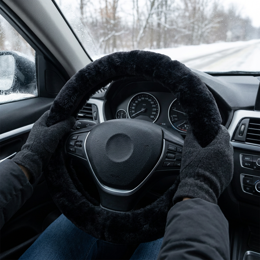 Plush Winter Steering Wheel Cover in use, lifestyle setting
