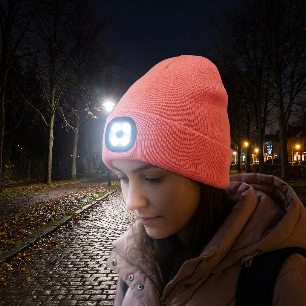 Rechargeable LED Beanie Hat in use, lifestyle setting