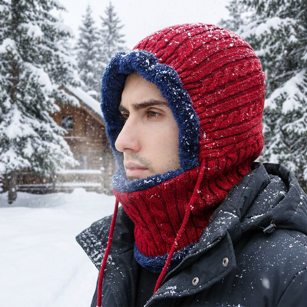 Winter Knit Balaclava with Scarf in use, lifestyle setting