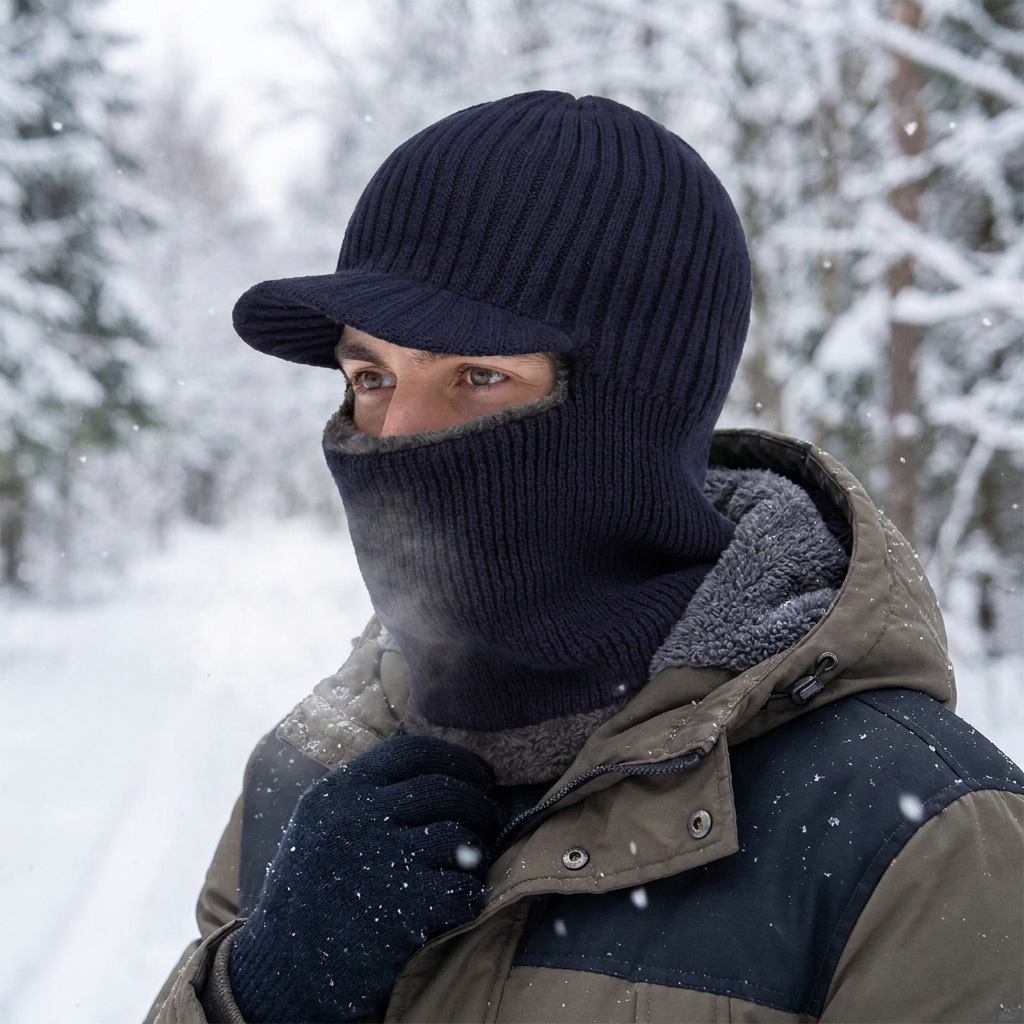 Knit Beanie Balaclava with Visor in use, lifestyle setting