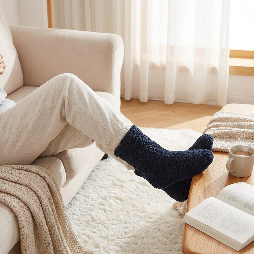 Winter Plush Indoor Socks in use, lifestyle setting