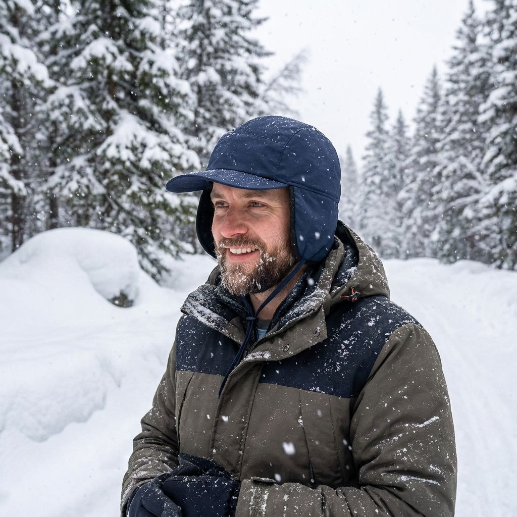 Winter Bomber Hat with Ear Flaps in use, lifestyle setting