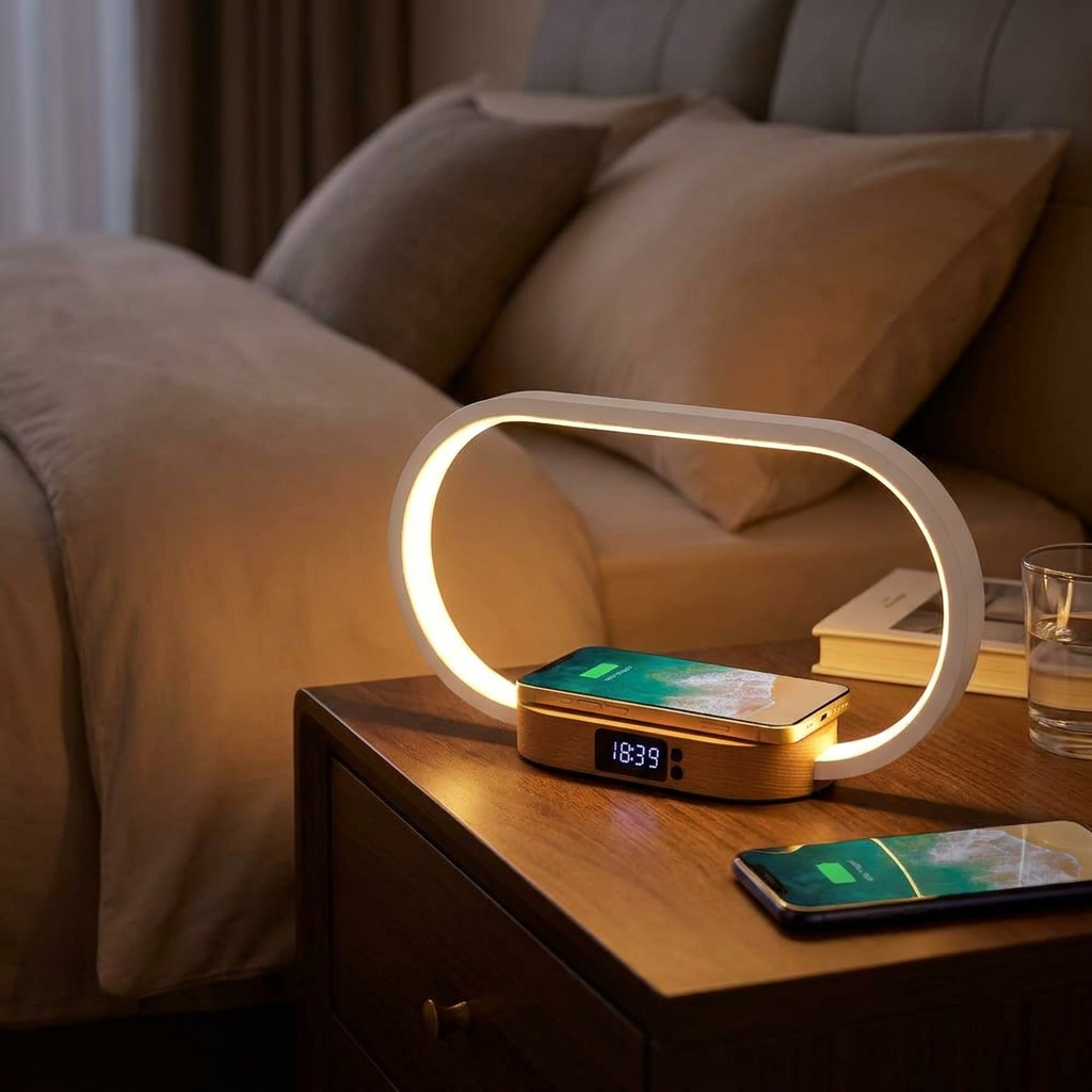 Wireless Charging Alarm Clock with Night Light in use, lifestyle setting