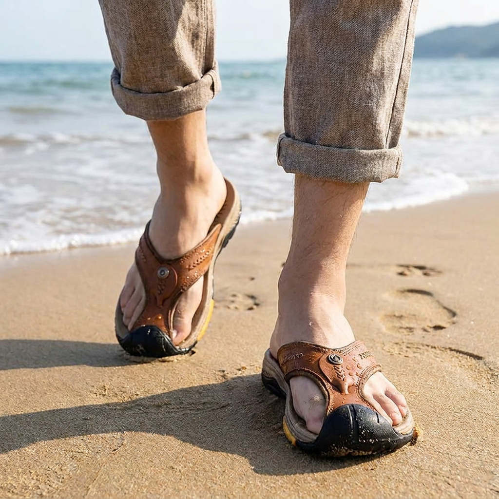 Water Resistant Toe Flip Flops for Men in use, lifestyle setting