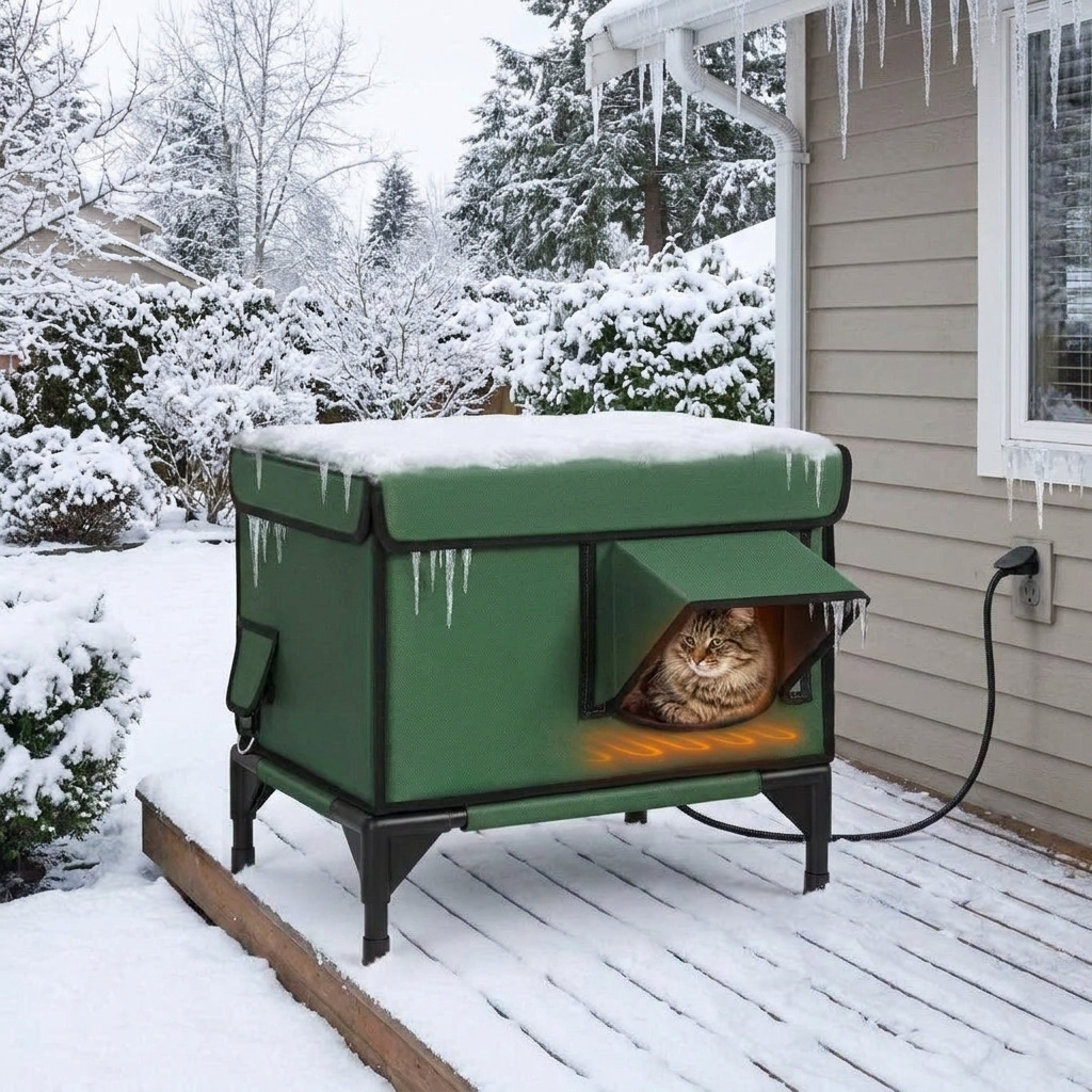 Heated Outdoor Cat House in use, lifestyle setting