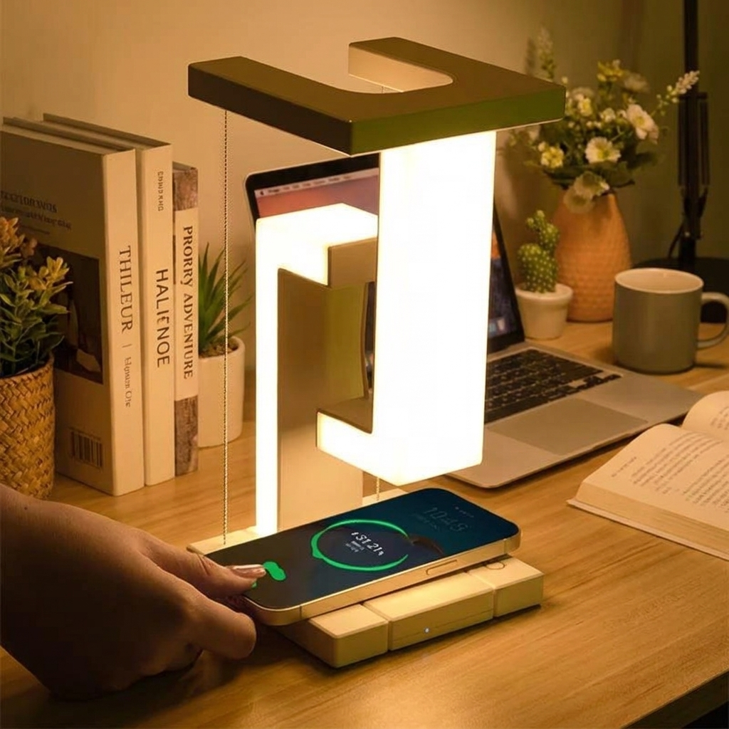 Floating Lamp with Wireless Charger in use, lifestyle setting
